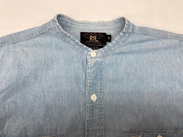 ダブルアールエル RRL 90s 三ツ星タグ SHIRT バンドカラー 猫目ボタン 胸ポケット ヴィンテージ VINTAGE ラルフローレン RALPH LAUREN コットン マレーシア製 ライトブルー 青 長袖シャツ 無地 ブルー Mサイズ 104MT-2026