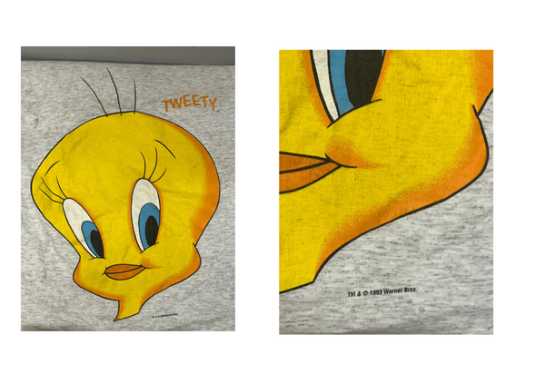 US US古着 90s 90's LOONEY TUNES Tweety HIGH PERFORMANCE ルーニーチューンズ トゥイーティー 袖裾シングルステッチ  - Tシャツ グレー フリーサイズ 101MT-2847