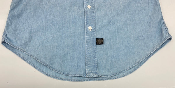 ダブルアールエル RRL 90s 三ツ星タグ SHIRT ステンカラー 猫目ボタン 胸ポケット ヴィンテージ VINTAGE ラルフローレン RALPH LAUREN コットン モーリシャス製 ライトブルー 青 無地 ブルー Mサイズ 104MT-2024