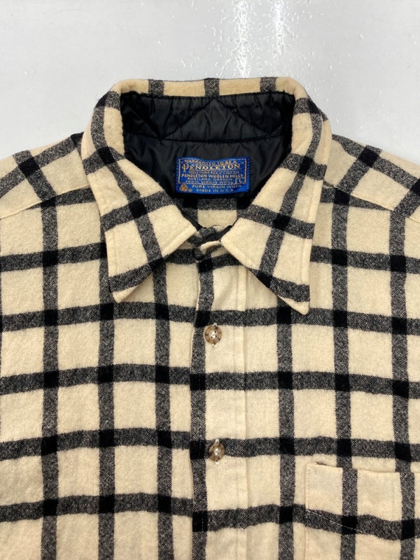 ペンドルトン PENDLETON 70s WOOL CHECK SHIRT ウール チェック シャツ ネルシャツ USA製 長袖 ボタン 薄茶 長袖シャツ チェック ベージュ Lサイズ 104MT-1540