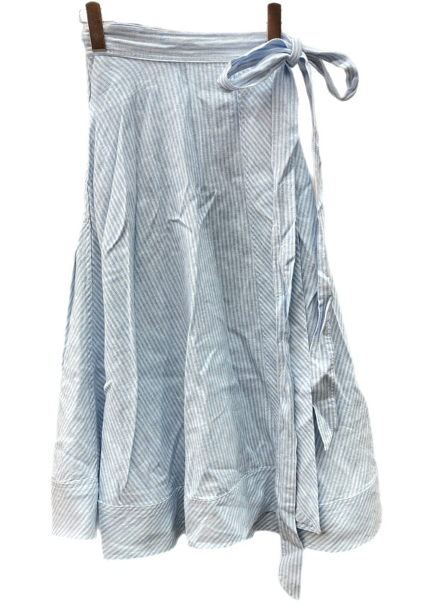 ラルフローレン RalphLauren ポロ POLO リネン ラップスカート 巻きスカート リボン ミモレ丈 LINEN 麻 カンボジア製 水色 BLUE 青 WHITE ホワイト 白 211799317002 スカート ストライプ ブルー XSサイズ 104LB-36