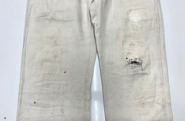 ヴィンテージ vintage 20s 30s ボージョンパンツ ヘリンボーン リネン 針シンチ フランス軍 フレンチ ユーロ French Army Linen HBT Bourgeron 生成り 無地 スラックス ホワイト 104MB-298