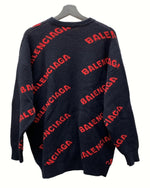 バレンシアガ BALENCIAGA 18SS ALLOVER LOGO CREWNECK KNIT オールオーバー ロゴ ニット ジャガード 紺 555279 セーター 総柄 ネイビー XSサイズ 104MT-634