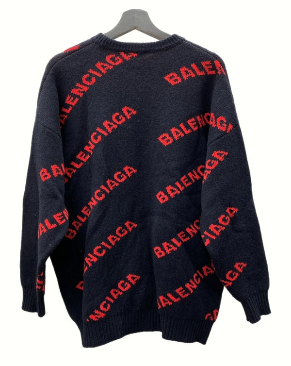 バレンシアガ BALENCIAGA 18SS ALLOVER LOGO CREWNECK KNIT オールオーバー ロゴ ニット ジャガード 紺 555279 セーター 総柄 ネイビー XSサイズ 104MT-634