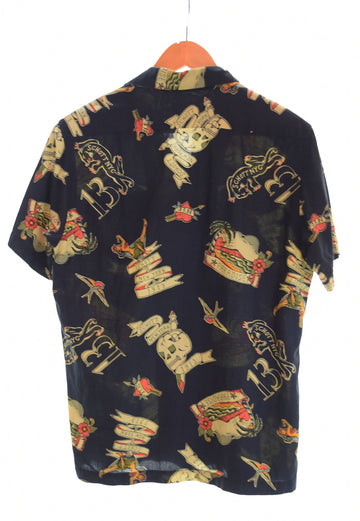 ショット SCHOTT 総柄半袖シャツ スカル オープンカラーシャツ 開襟シャツ 柄シャツ 黒 3195026 半袖シャツ ブラック Sサイズ 103MT-2270