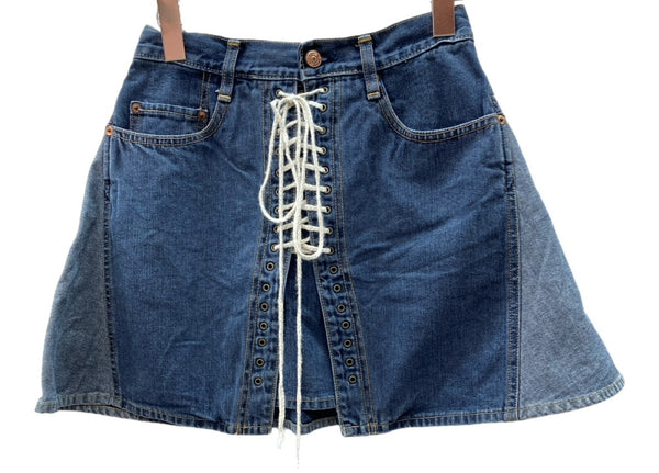 ヒステリックグラマー HYSTERIC GLAMOUR 初期タグ KINKY JEANS ミニスカート DENIM デニム Aライン レースアップ トレンド Y2K 日本製 インディゴ INDIGO 2AK-8510 スカート ロゴ ネイビー Fサイズ 104LB-48