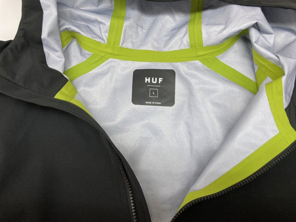ハフ HUF Rainier Shell Jacket シェル マウンテンパーカー ライトアウター フーディ フロントジップ ロゴ プリント BLACK 黒 SP25 JK00458 ジャケット ワンポイント ブラック Lサイズ 104MT-1834