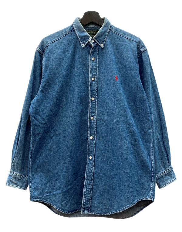 ラルフローレン RalphLauren POLO COUNTRY 90s BUTTONDOWN DENIM SHIRT ボタンダウン デニム シャツ ハミルトン社 長袖 インディゴ 青 長袖シャツ ロゴ ブルー Mサイズ 104MT-2265