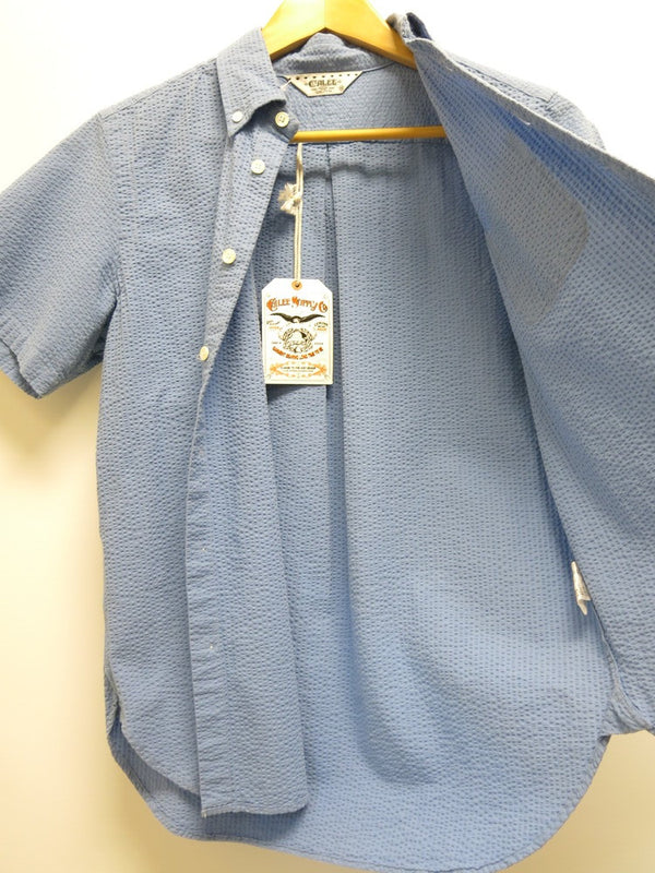 CALEE キャリー EERSUCKER B.D SHIRT シアサッカー ボタン ダウンシャツ  半袖 シャツ S/S ライトブルー 青 水色 ブルー 刺繍 made inJAPAN 日本製 コットン100％ サイズM CL-17SS090 メンズ (TP-707)