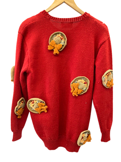 ピンクハウス PINKHOUSE セーター ニット プルオーバー 赤 かぎ編み帽子モチーフ付き 麦わら帽子 肩パット有り  セーター 総柄 レッド 101LT-12