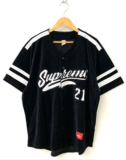 シュプリーム SUPREME ベースボールシャツ ゲームシャツ ベロア 半袖シャツ ロゴ ブラック Lサイズ 201MT-1131