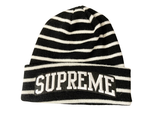 《美品》supreme 帽子　beanie straipe/ブラックニット帽/ビーニー