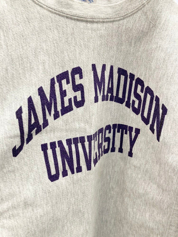 チャンピオン Champion リバースウィーブ Reverse Weave  クルーネック スウェット JAMES MADISON UNIVERSITY USA製  染み込み ２段プリント スウェット プリント グレー Sサイズ 101MT-1417