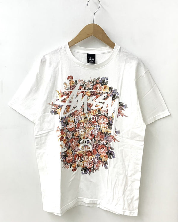 ステューシー STUSSY クルーネック Tee メキシコ製 プリント 花柄 Tシャツ ロゴ ホワイト Mサイズ 201MT-821