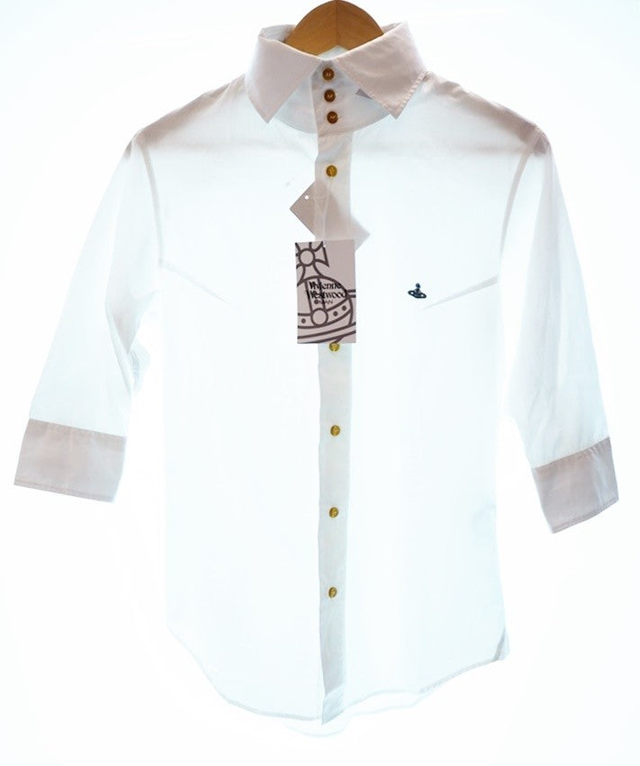 ヴィヴィアン・ウエストウッド Vivienne Westwood MAN High Collar Shirt ワンポイントロゴ ハイカラーシャツ  七分丈 七分袖 サイズ46 STYLE 7303 COL.800 長袖シャツ ワンポイント ホワイト 101MT-395