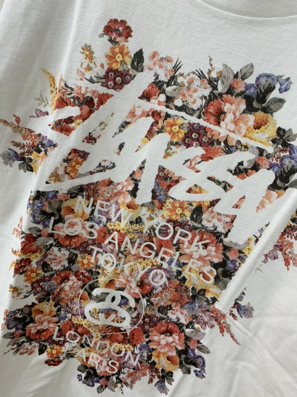 ステューシー STUSSY クルーネック Tee メキシコ製 プリント 花柄 Tシャツ ロゴ ホワイト Mサイズ 201MT-821