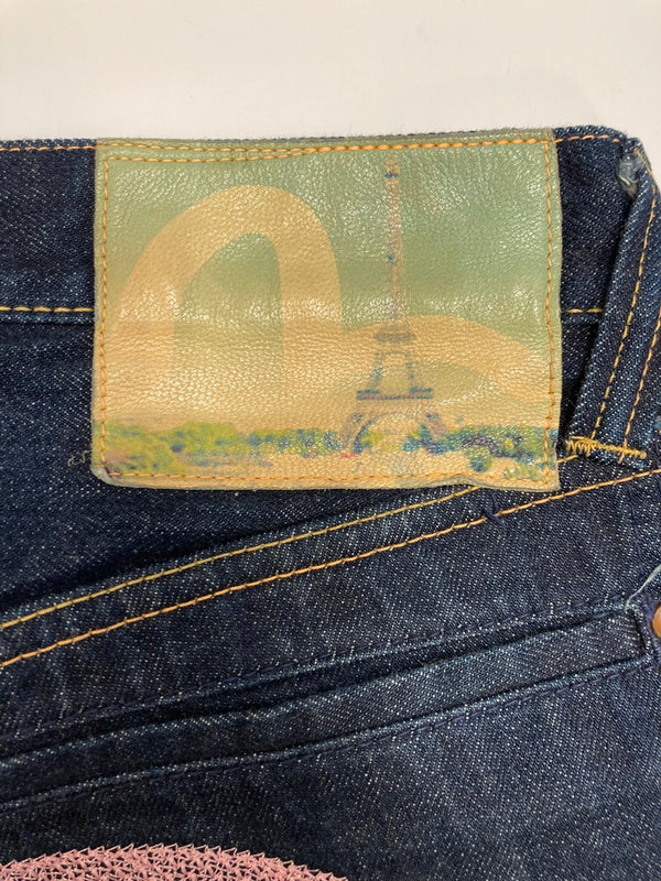 エヴィス EVISU SHIOTANI BROTHERS 塩谷ブラザーズ パリ出店記念 エッフェル塔 大黒 ピンク刺繍 インディゴカラー  デニム 刺繍 ネイビー 30×33 30インチ 101MB-338