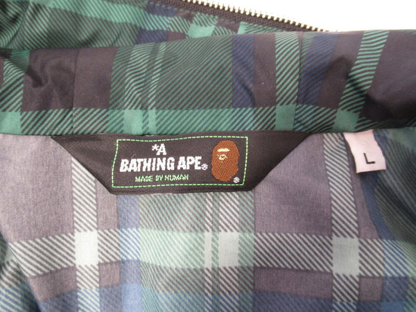 A BATHING APE ア ベイシングエイプ ナイロン フード ジャケット チェック ワンポイント グリーン 刺繍 ダブルジップ サイズL  (TP-616)