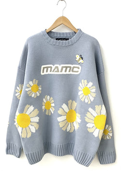 エムエーエムシー MAMC Torn daisy sweater デイジー ニット クルーネック プルオーバー セーター 花・植物 ブルー Lサイズ 201MT-684