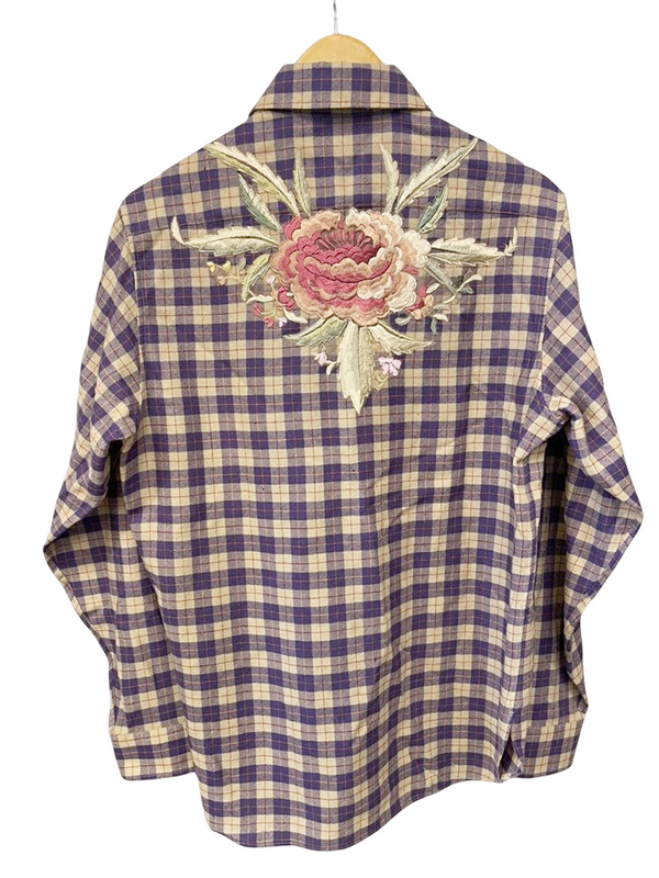 グッチ GUCCI チェックシャツ カジュアルシャツ 刺繍 イタリア製 サイズ44 長袖シャツ チェック パープル 101MT-1103