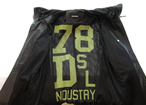 DIESEL ディーゼル パンチングレザー  裏地メッシュプリント フーデッド ジャケット ブルゾン 上着 黒×ネオンイエロー ブラック メンズ サイズL (TP-876)