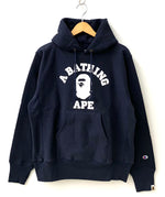 アベイシングエイプ A BATHING APE × チャンピオン Champion プルオーバー フーディー USA製 パーカ ロゴ ネイビー Lサイズ 201MT-1118